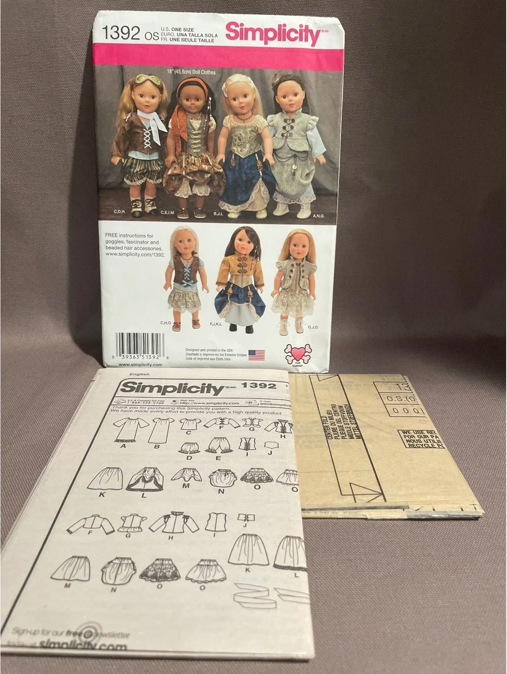 Simplicity 1392 18” Doll Clothes Sewing Pattern Steampunk Pirate Victorian UNCUT